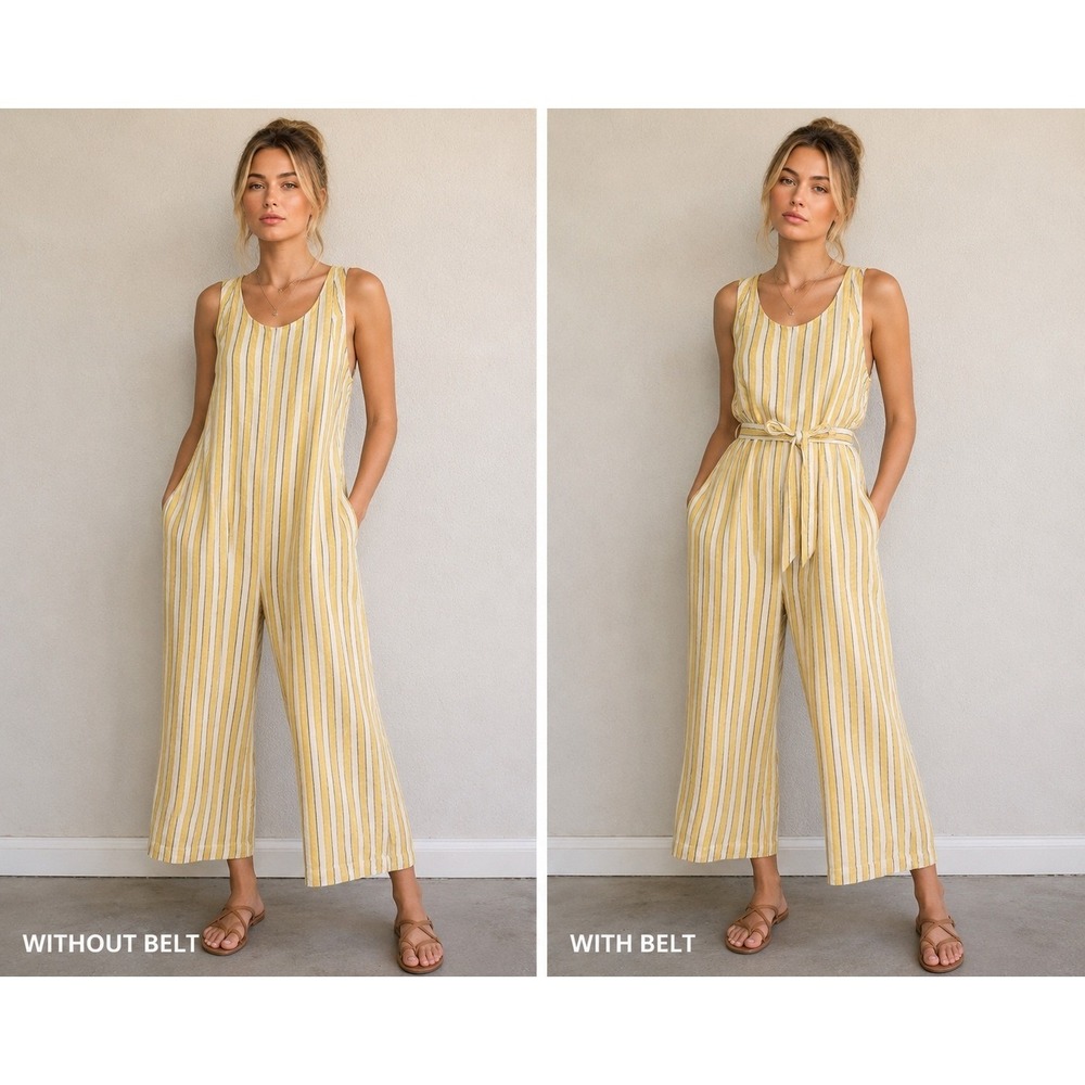 Rachel Zoe 100% Linen‎ Striped Wide Leg Jumpsuit SZ 8 Yellow White Purple Neat